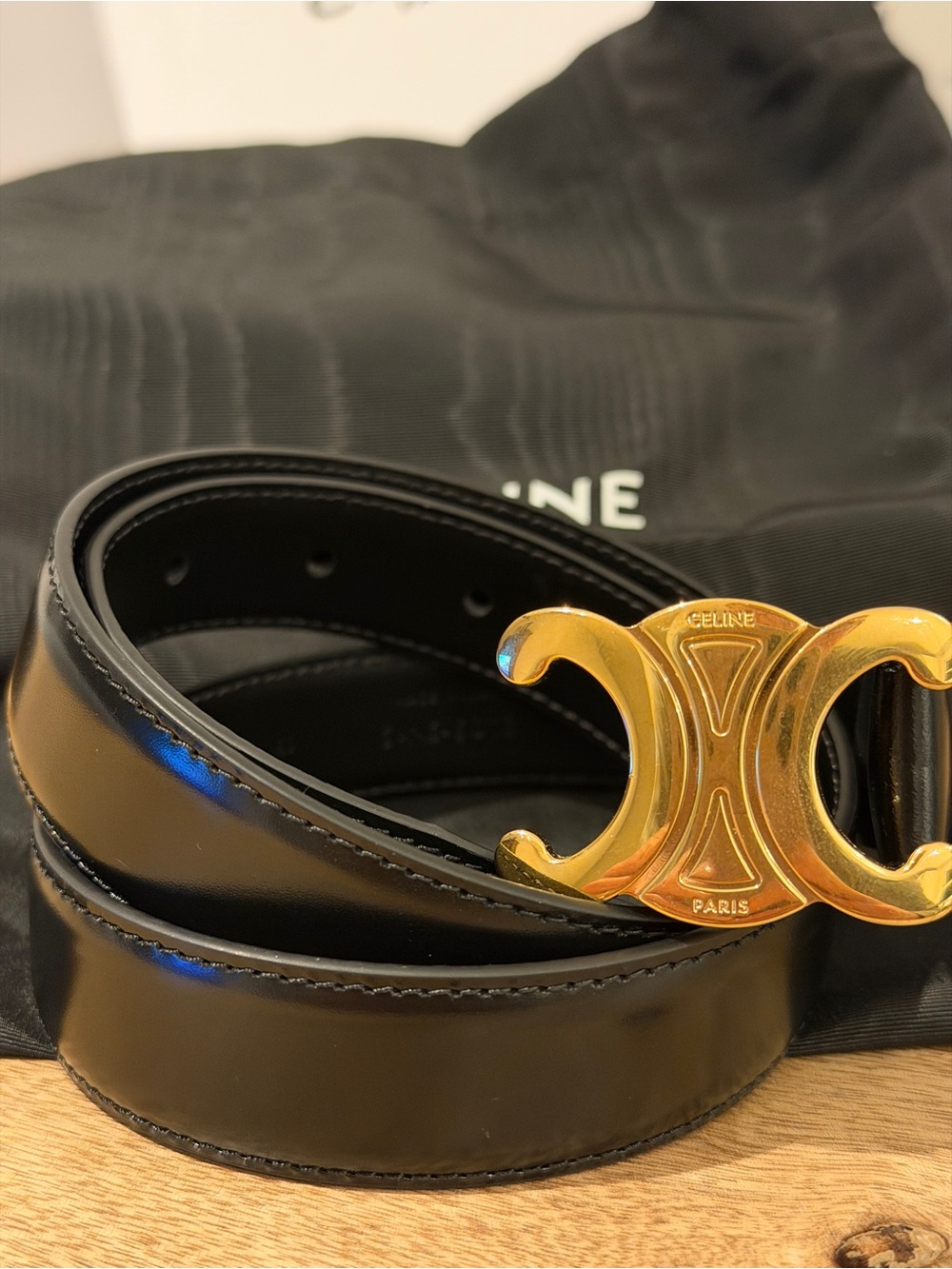Celine Triomphe Black Leather Belt with Gold Buckle